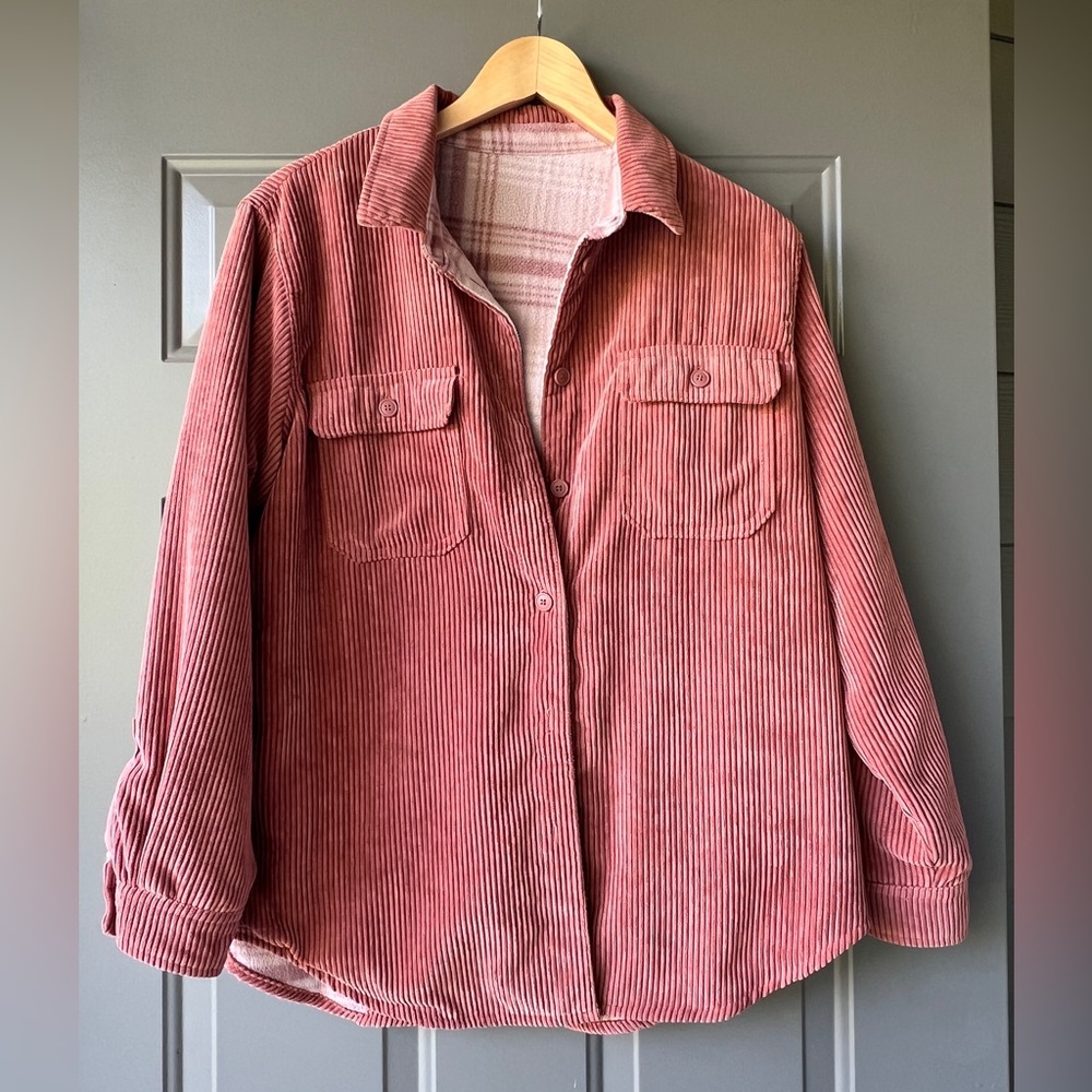 Corduroy/plaid fleece reversible jacket/shacket